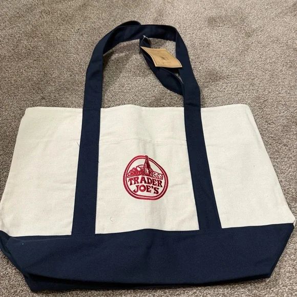 2 Trader Joe’s canvas tote bag, blue and green new with tags - Picture 3 of 6